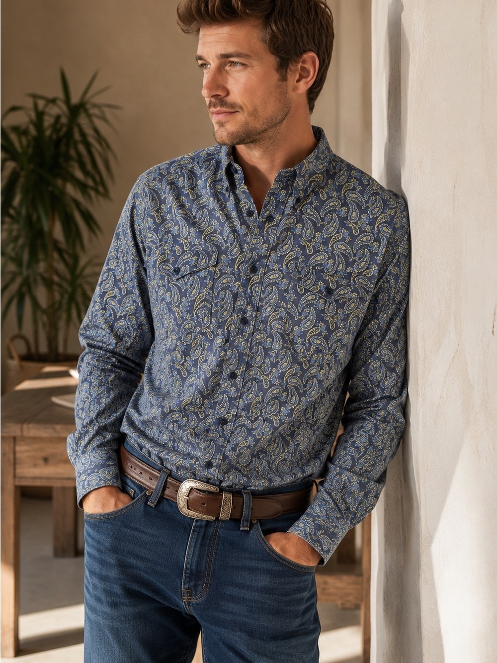 ROPER XL Blue Paisley Western Button Up Shirt Long Sleeve Cowboy Wear *
